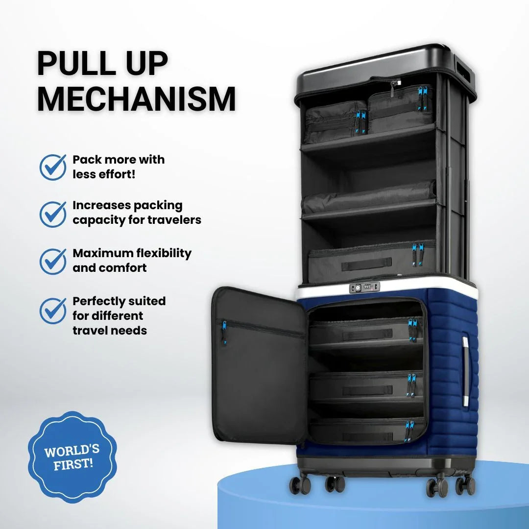 Pull Up Case blue, mechanism with vertically extended internal shelves shown fully deployed