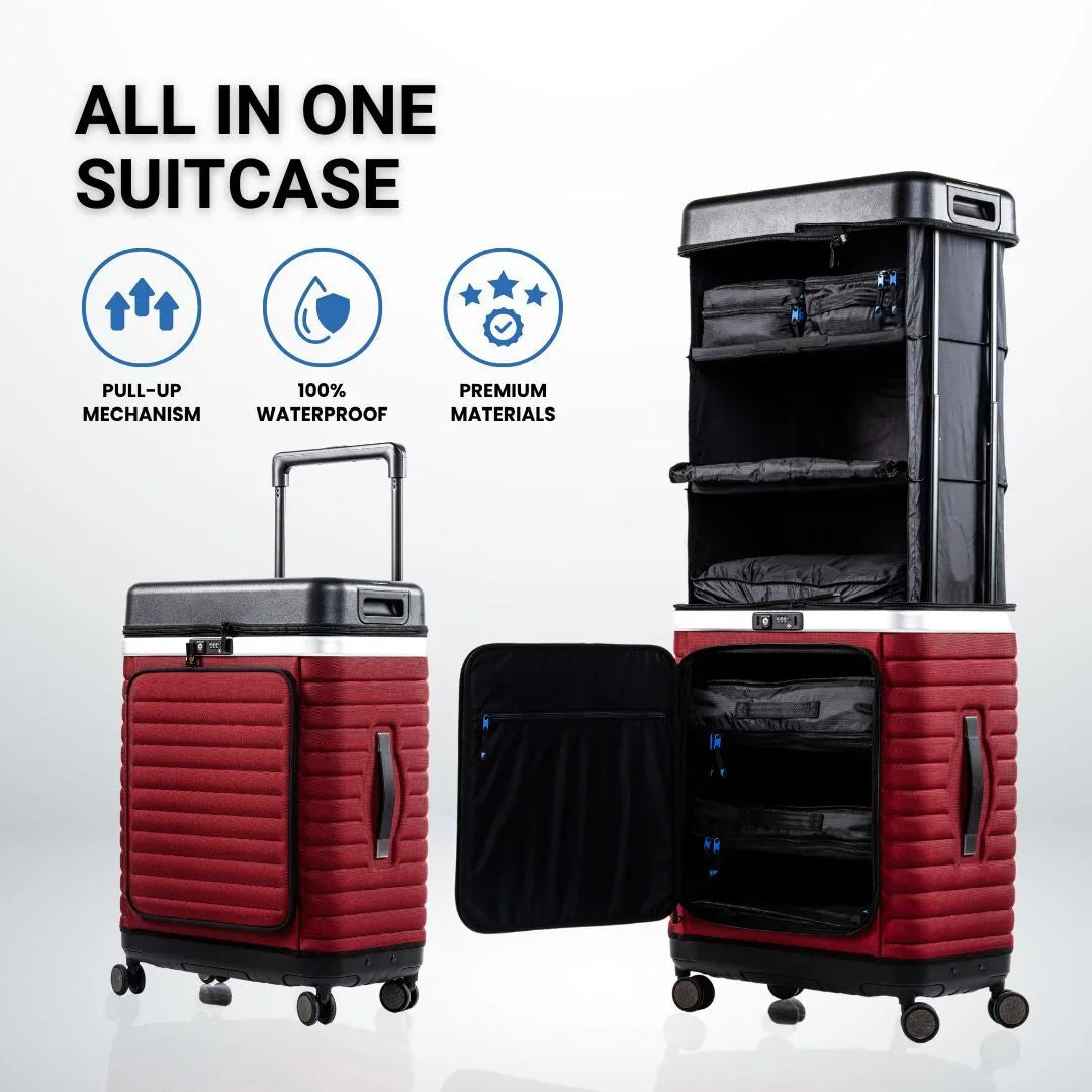 Infographic: Pull Up Case, red with mechanism and all-in-one suitcase functions explained