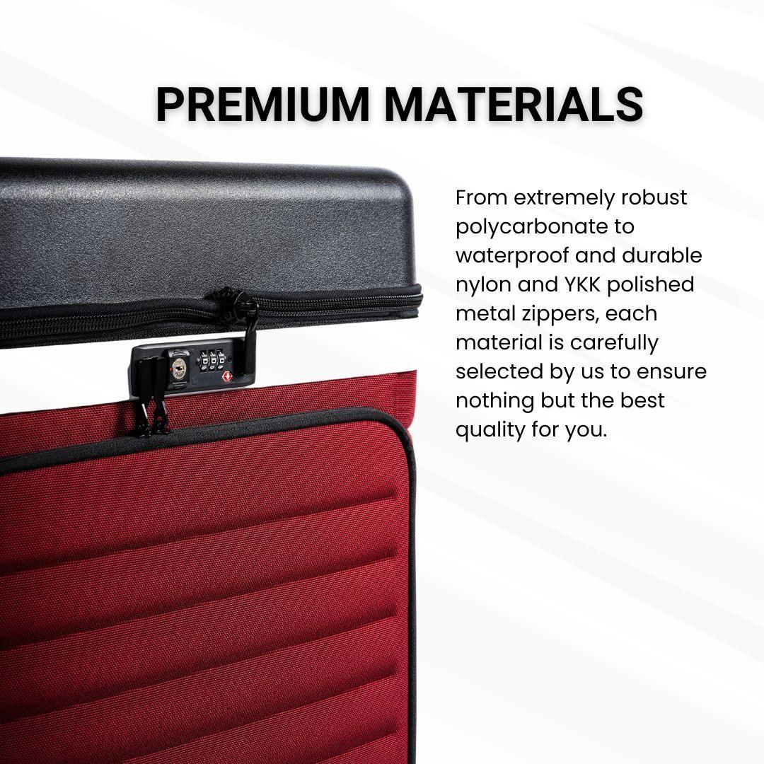 Premium materials and metal zippers close-up on red suitcase surface