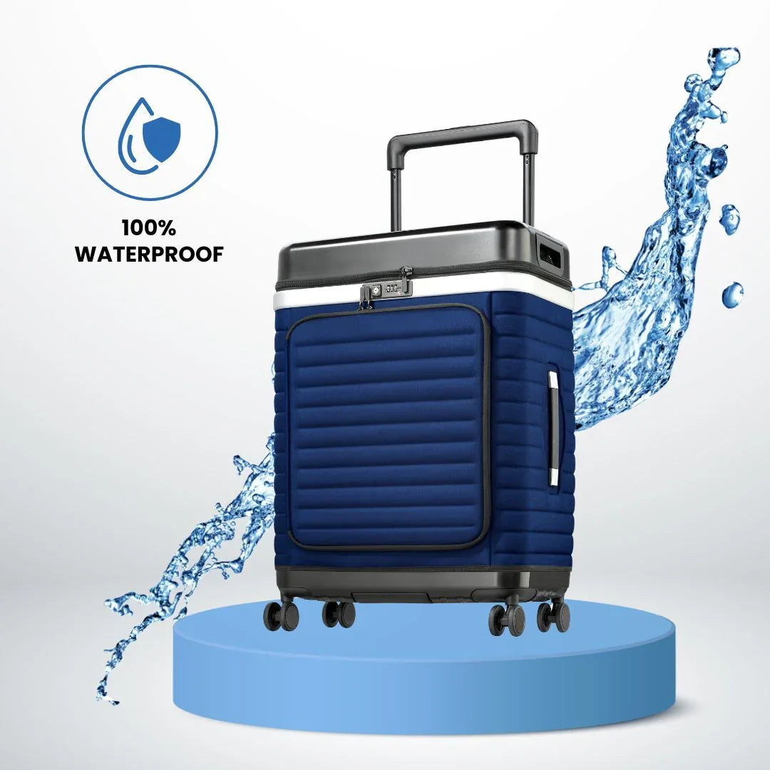 Suitcase in blue under water stream – water-repellent and durable outer material shown