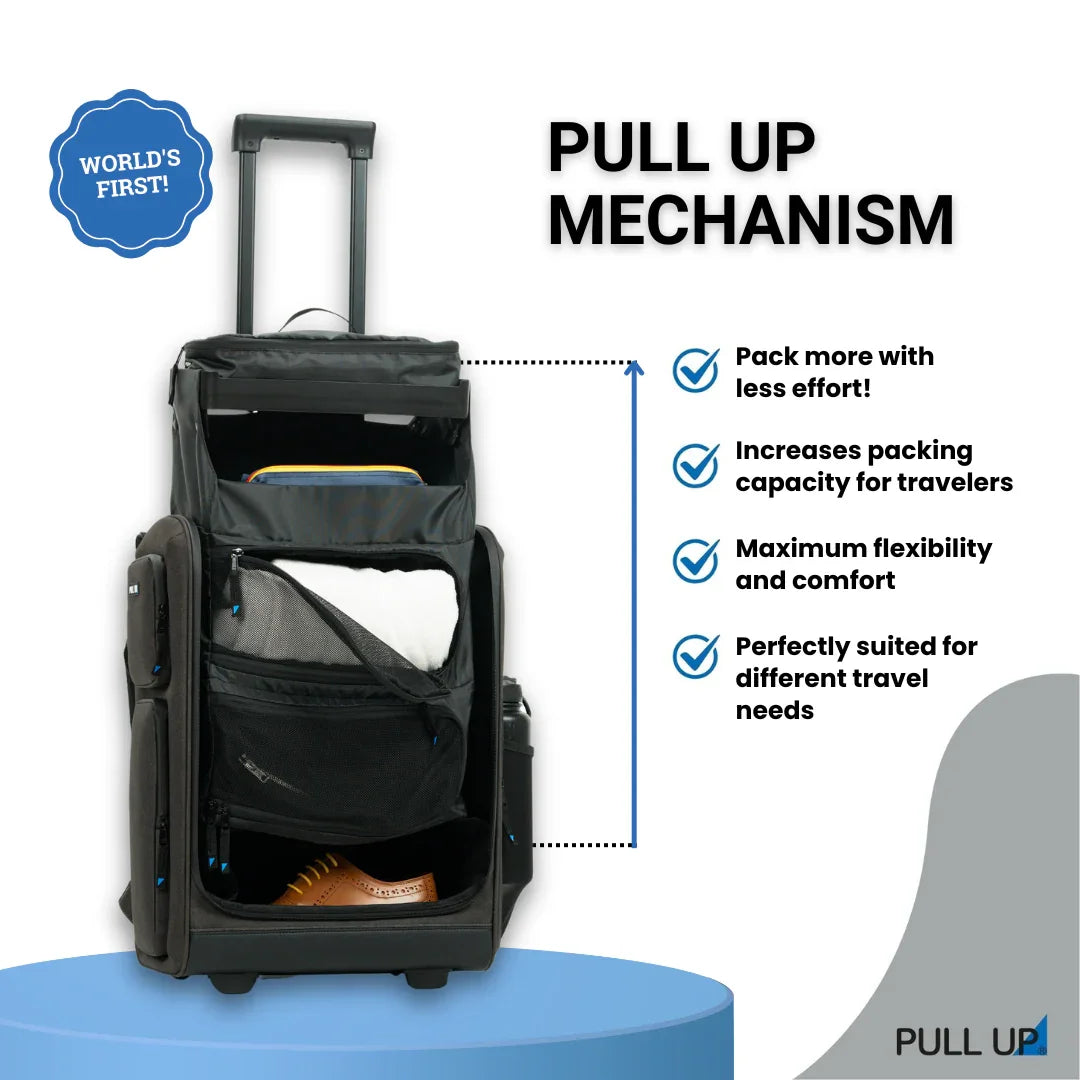 Pull Up Backpack with open compartments – demonstration of patented pull-up mechanism