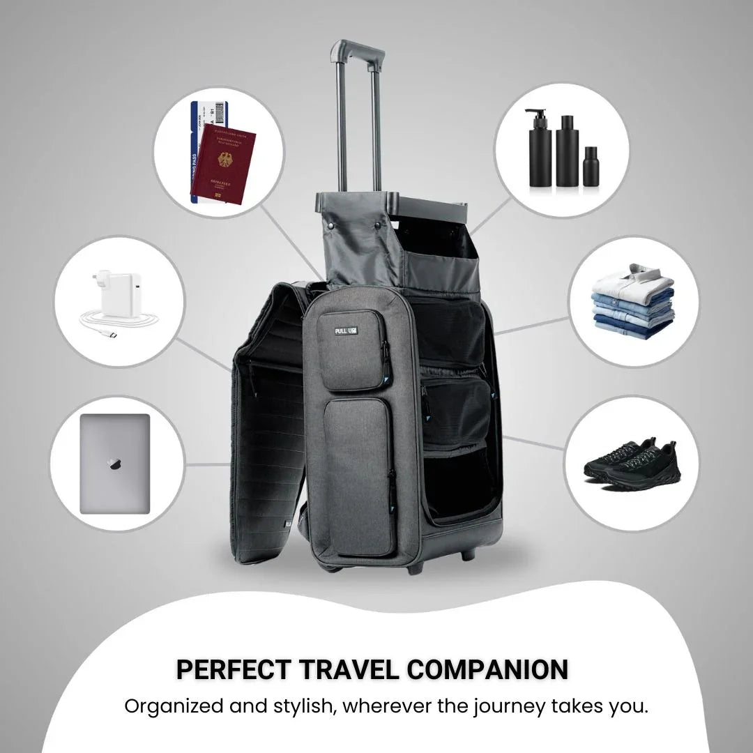 Pull Up Backpack front and side view – compact design with extended shelving system