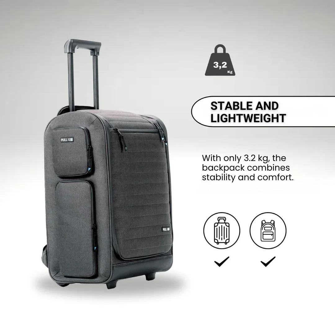 Pull Up Backpack upright view – lightweight cabin-size trolley with silent wheels and carry-on approval