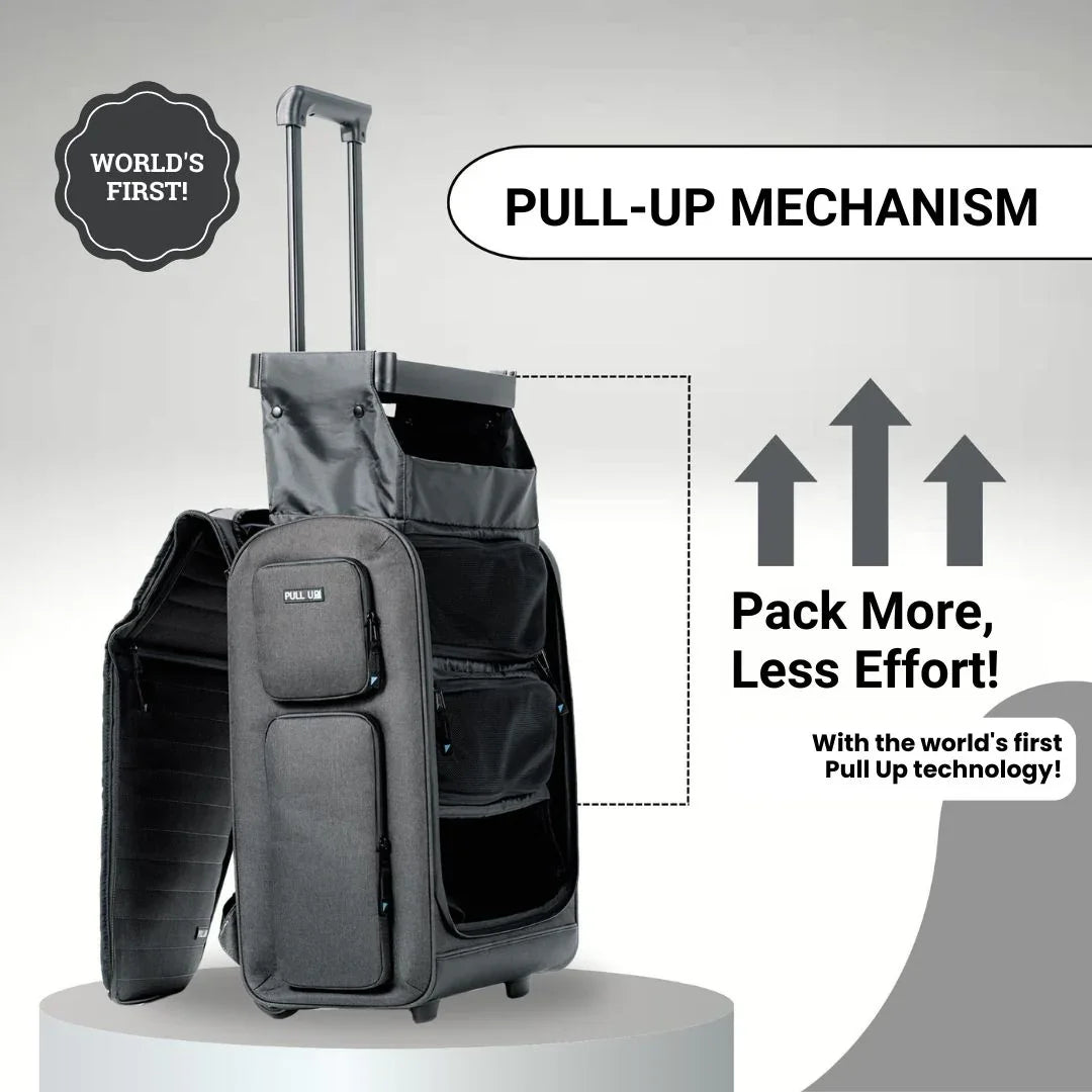 Pull Up Backpack open – patented pull-up mechanism for vertical shelf access in seconds