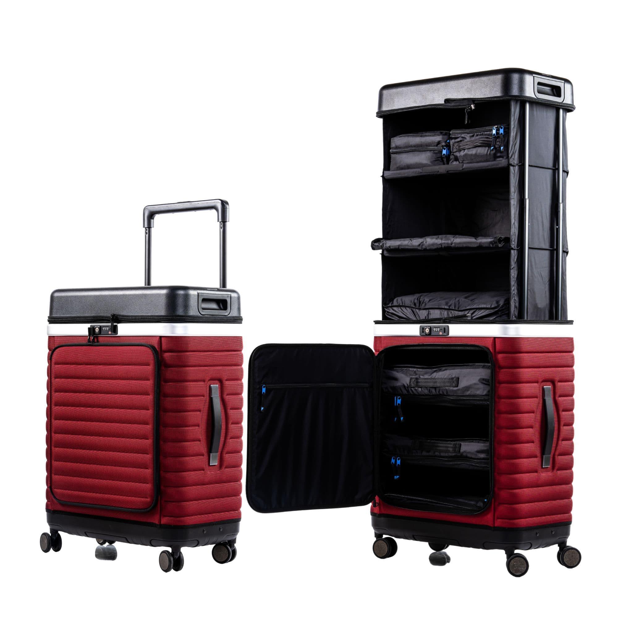 Pull Up Suitcase in red with front flap open and internal pull-up shelf system visible