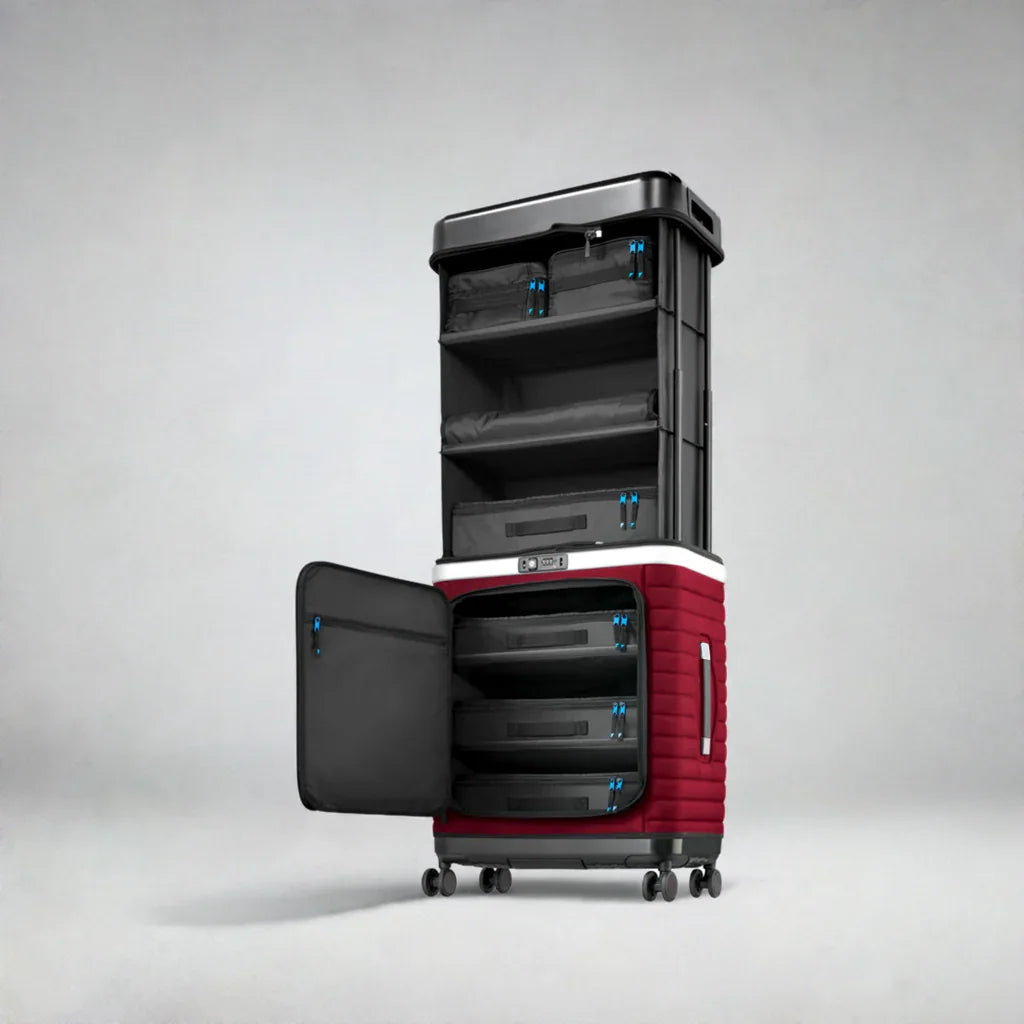 Studio image: Pull Up Suitcase red with partially open front flap