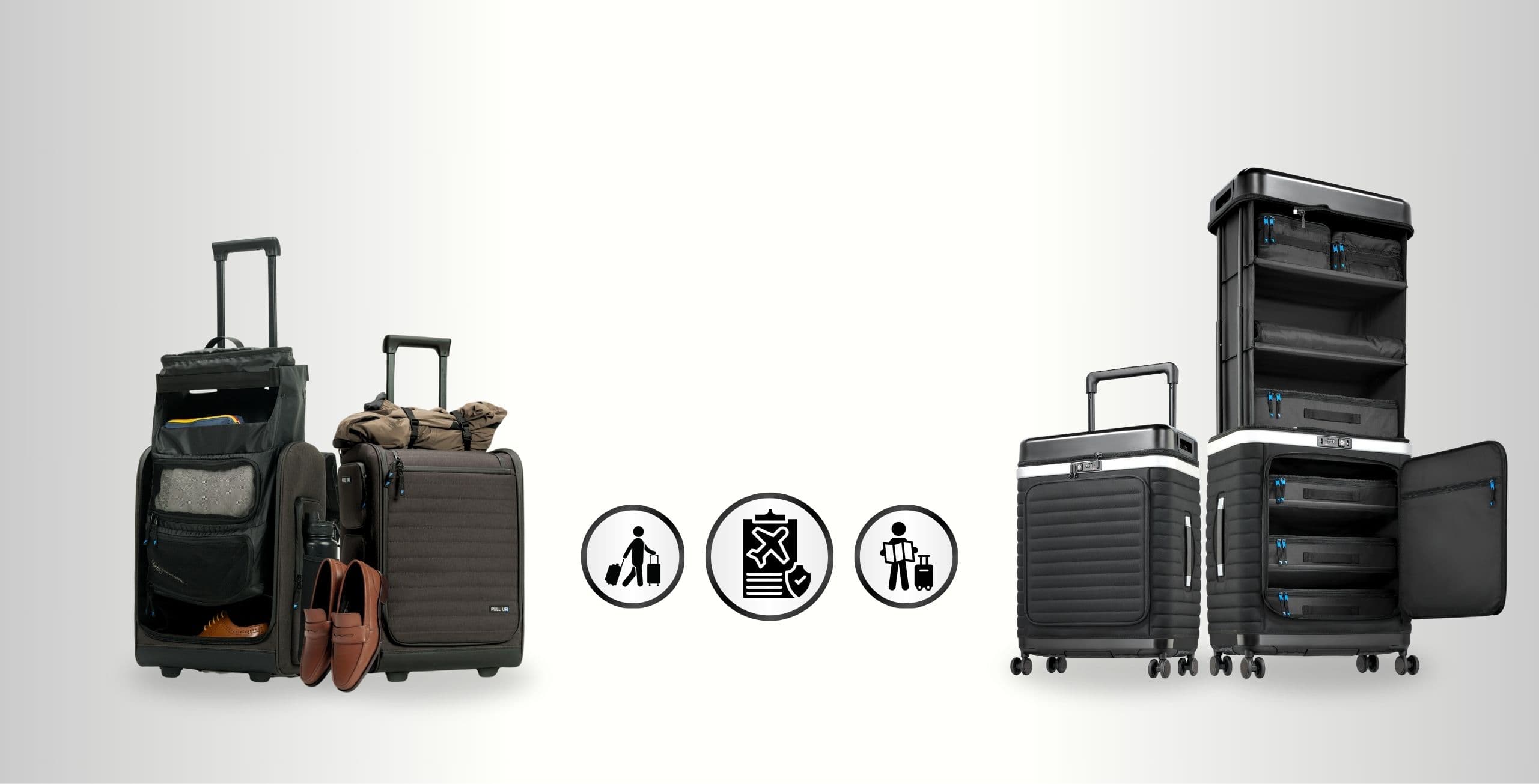 Pull Up Backpack & Pull Up Suitcase – front view with pull-up mechanism